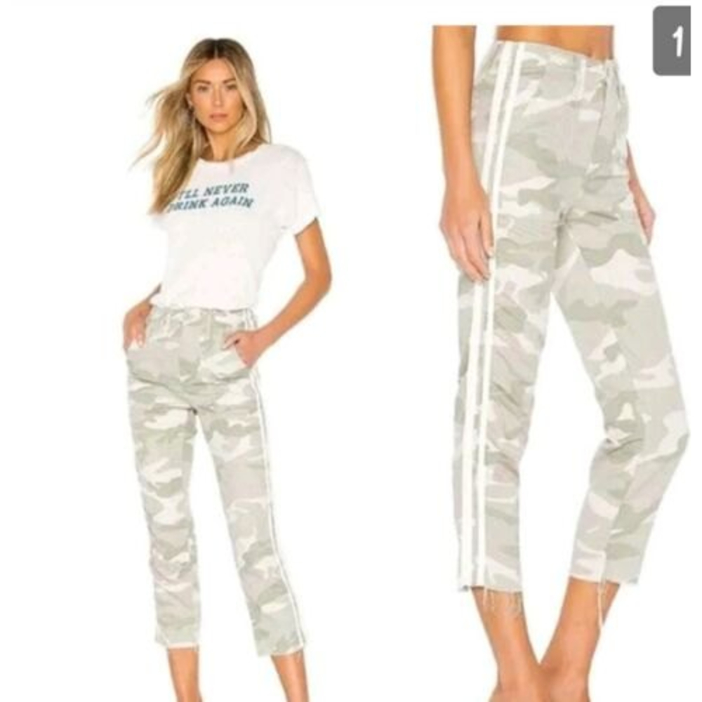 Mother The Shaker Crop Fray Pants Racer Stripe Camo Army Green Desert Print 25